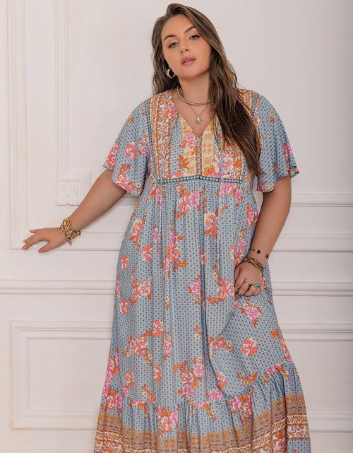 Load image into Gallery viewer, Plus Size Printed Tie Neck Flutter Sleeve Maxi Dress
