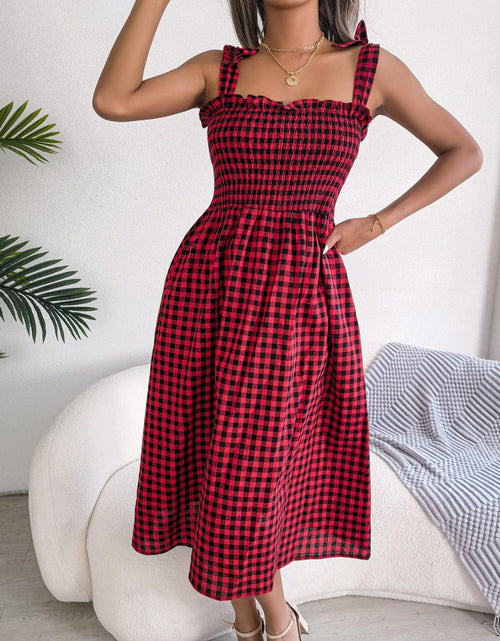 Load image into Gallery viewer, Frill Plaid Square Neck Midi Dress
