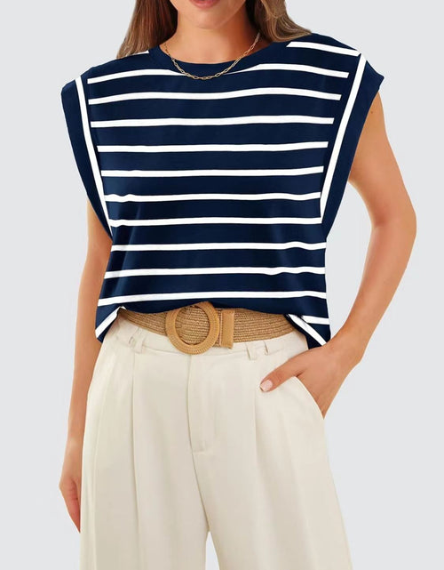 Load image into Gallery viewer, Florira Striped Round Neck Cap Sleeve T-Shirt
