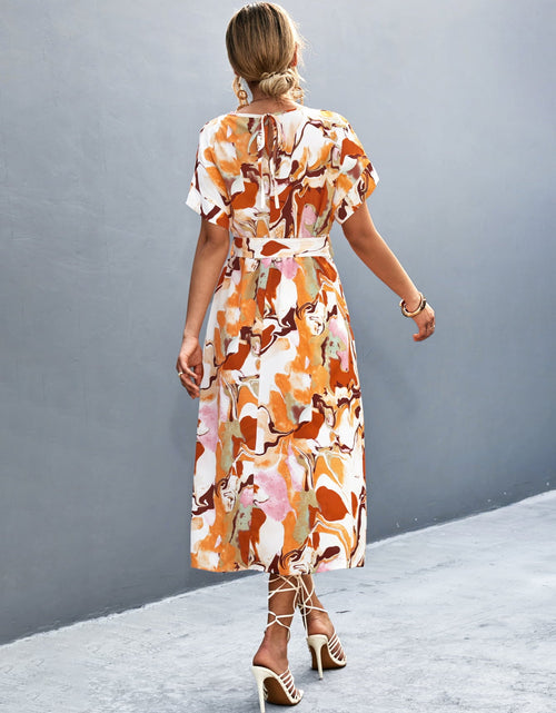 Load image into Gallery viewer, Round Neck Short Sleeve Tie Waist Midi Dress
