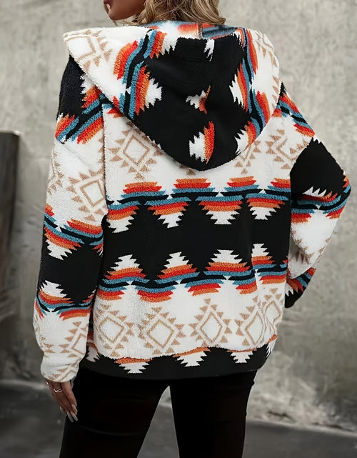 Load image into Gallery viewer, Geometric Zip Up Hooded Sherpa Jacket
