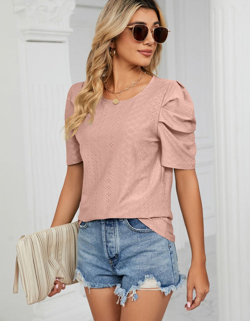 Load image into Gallery viewer, Eyelet Puff Sleeve Round Neck Blouse
