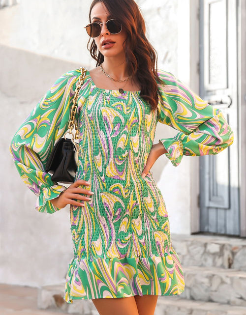 Load image into Gallery viewer, Abstract Print Square Neck Smocked Dress
