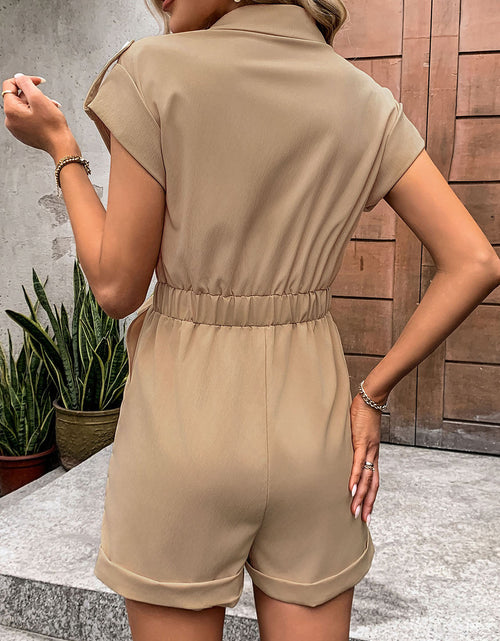Load image into Gallery viewer, Perfee Collared Neck Tie Waist Romper with Pockets
