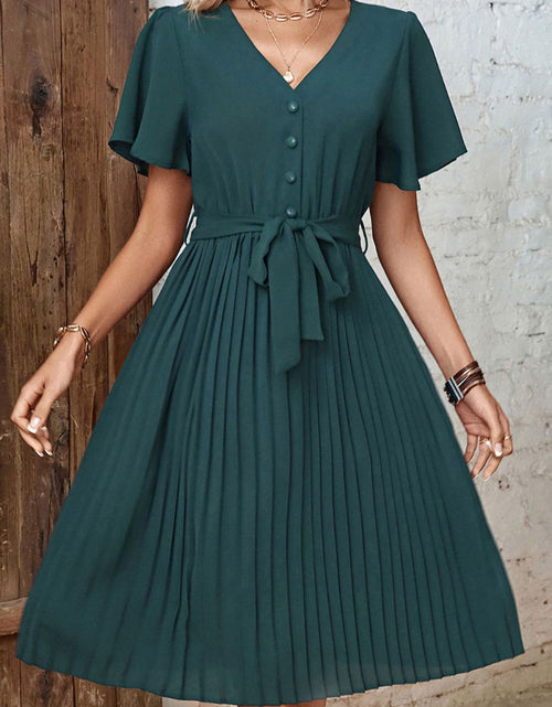 Load image into Gallery viewer, Perfee Buttoned V-Neck Flutter Sleeve Pleated Dress
