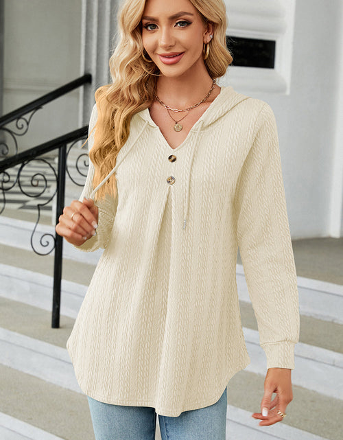 Load image into Gallery viewer, Decorative Button Drawstring Long Sleeve Hoodie
