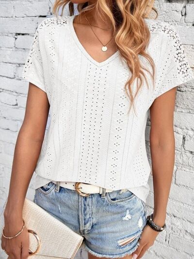 Load image into Gallery viewer, Eyelet V-Neck Short Sleeve T-Shirt
