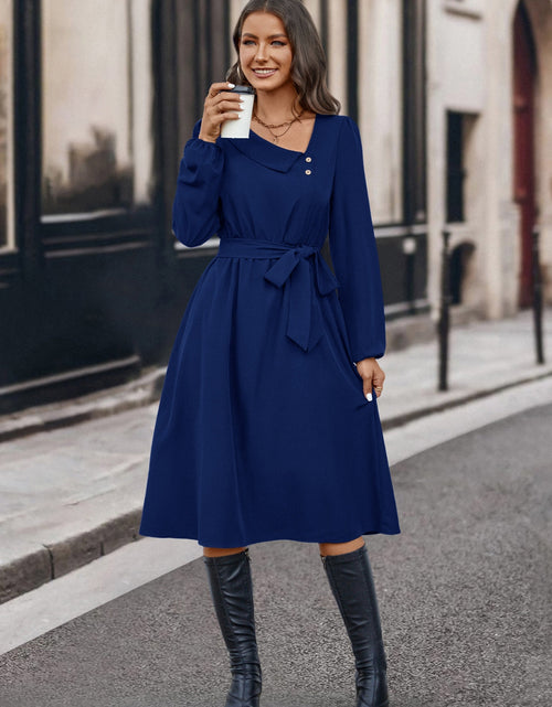 Load image into Gallery viewer, Buttoned Tie Front Long Sleeve Asymmetrical Neck Dress

