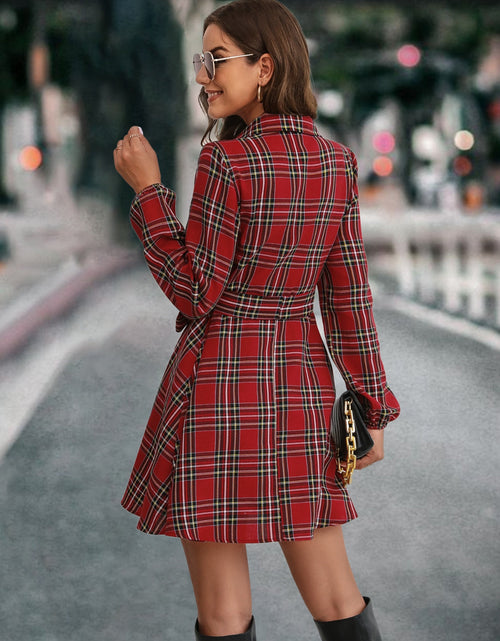 Load image into Gallery viewer, Plaid Tie Front Collared Neck Long Sleeve Dress

