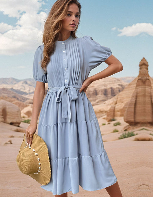 Load image into Gallery viewer, Perfee Tie Waist Puff Sleeve Midi Dress
