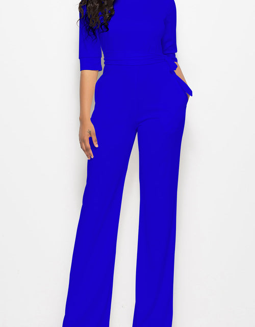 Load image into Gallery viewer, Mock Neck Tie-Waist Half Sleeve Jumpsuit
