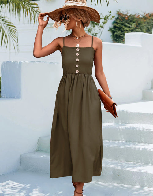 Load image into Gallery viewer, Decorative Button Spaghetti Strap Midi Dress
