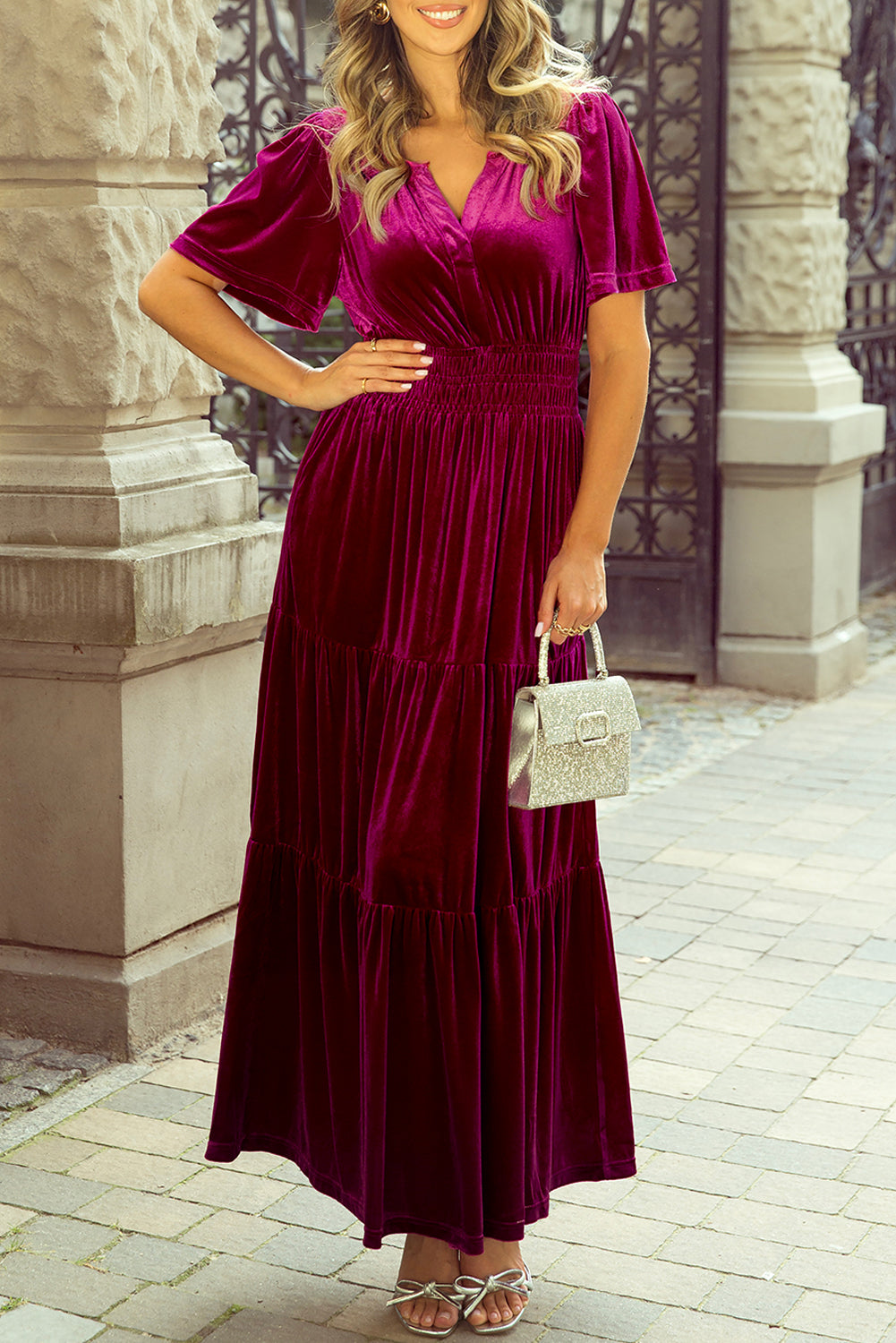 Katherine Velvet Short Sleeve Shirred Waist Tiered Dress by Poppy Lee Lane