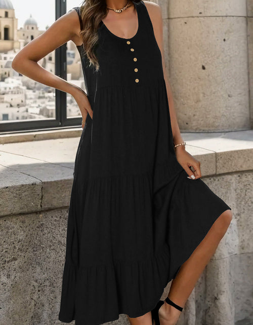 Load image into Gallery viewer, Perfee Decorative Button Tiered Tank Dress
