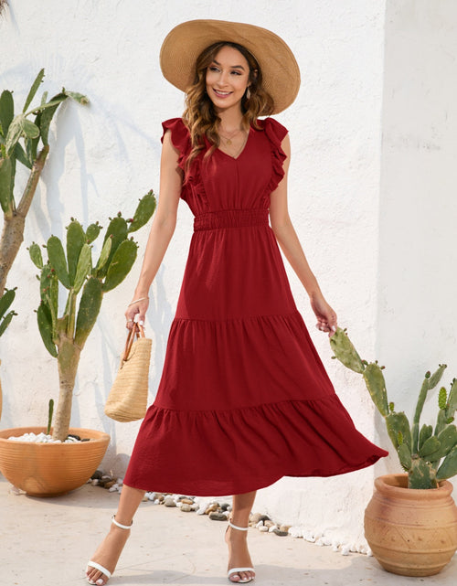 Load image into Gallery viewer, Tiered Ruffled V-Neck Cap Sleeve Dress
