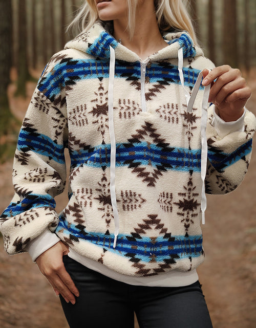 Load image into Gallery viewer, Shiny Geometric Half Zip Drawstring Long Sleeve Hoodie
