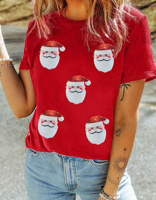 Load image into Gallery viewer, Sequin Santa Round Neck Short Sleeve T-Shirt
