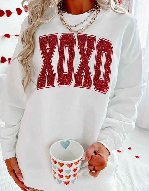 Load image into Gallery viewer, Valentine’s Day XOXO Glitter Round Neck Sweatshirt
