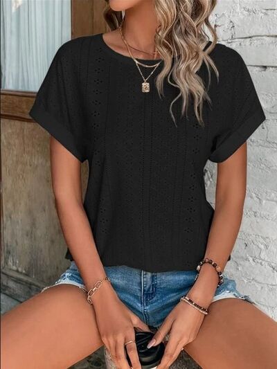 Load image into Gallery viewer, Eyelet Round Neck Short Sleeve T-Shirt
