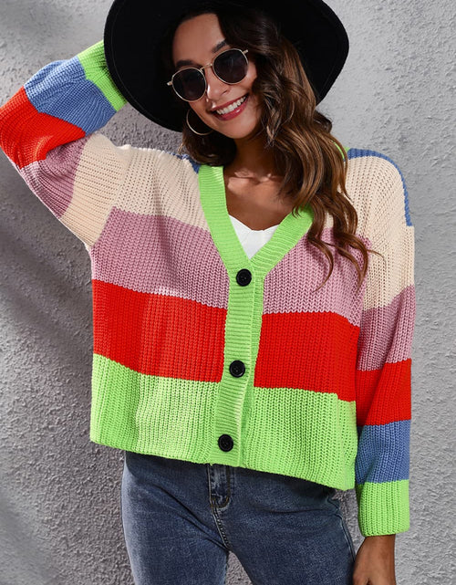Load image into Gallery viewer, Color Block Button-Down Dropped Shoulder Cardigan
