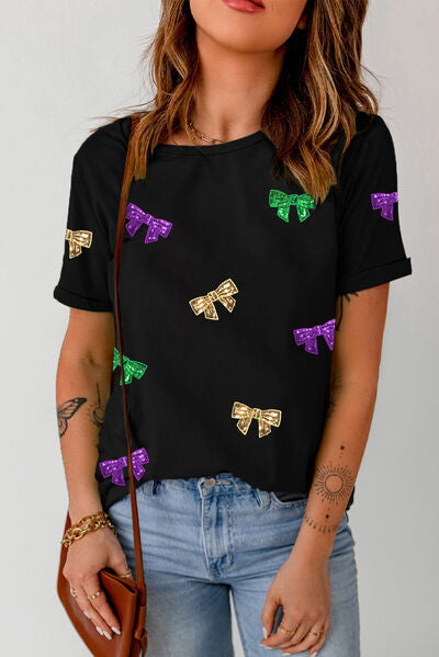 Load image into Gallery viewer, Bow Print Sequin Round Neck Short Sleeve T-Shirt
