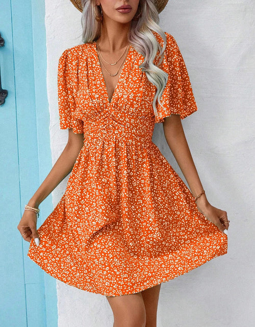 Load image into Gallery viewer, Printed V-Neck Half Sleeve Mini Dress
