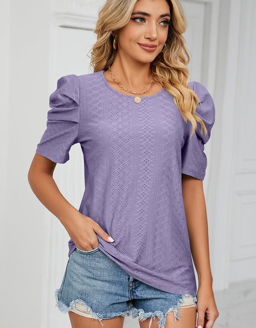Load image into Gallery viewer, Eyelet Round Neck Puff Sleeve T-Shirt
