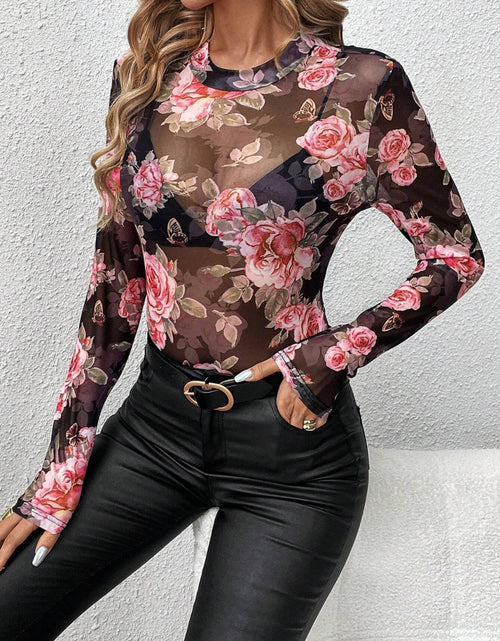 Load image into Gallery viewer, Mesh Floral Mock Neck Long Sleeve Top
