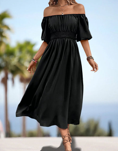 Load image into Gallery viewer, Square Neck Smocked Waist Puff Sleeve Midi Dress

