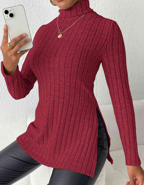 Load image into Gallery viewer, Ribbed Turtleneck Long Sleeve Slit T-Shirt

