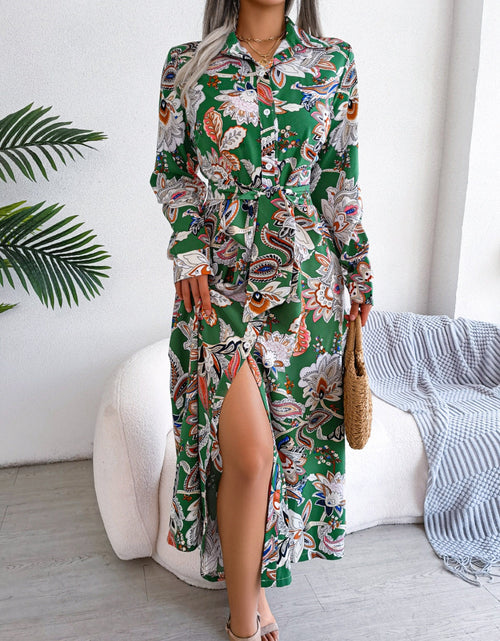 Load image into Gallery viewer, Tied Printed Long Sleeve Midi Dress
