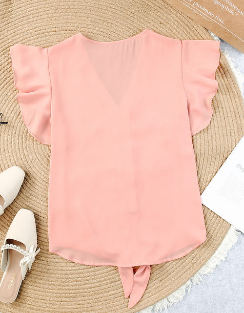 Load image into Gallery viewer, V-Neck Tie Hem Flutter Sleeve Blouse
