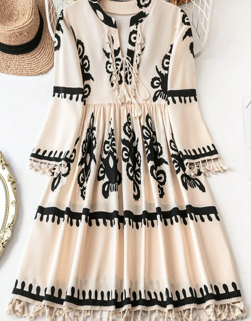 Load image into Gallery viewer, Tassel Printed Three-Quarter Sleeve Mini Dress
