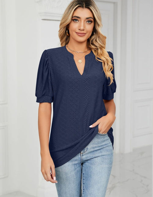 Load image into Gallery viewer, Eyelet Short Puff Sleeve Notched Neck Top
