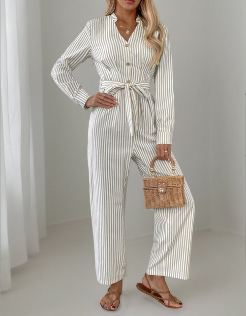Load image into Gallery viewer, Striped Notched Long Sleeve Tie Waist Jumpsuit
