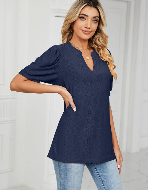 Load image into Gallery viewer, Eyelet Short Puff Sleeve Notched Neck Top
