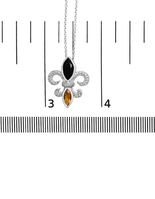 Load image into Gallery viewer, .925 Sterling Silver Marquise Onyx and Citrine and Diamond Accent Fleur De Lis Pendant Necklace (H-I Color, SI1-SI2 Clarity) - 18" by Infinite Jewels
