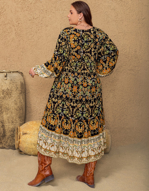 Load image into Gallery viewer, Plus Size Floral V-Neck Balloon Sleeve Midi Dress
