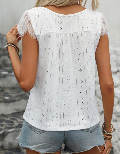Load image into Gallery viewer, Perfee Eyelet Lace Detail V-Neck Cap Sleeve Top
