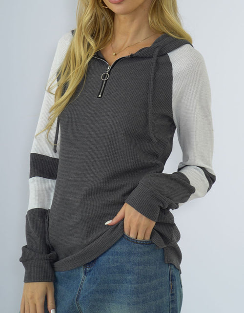 Load image into Gallery viewer, Shiny Waffle-Knit Raglan Sleeve Zipper Front Hoody
