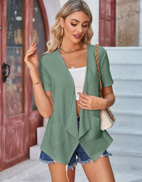 Load image into Gallery viewer, Eyelet Open Front Short Sleeve Cover Up
