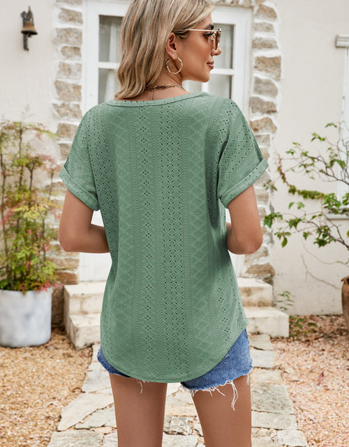 Load image into Gallery viewer, Full Size Round Neck Eyelet Short Sleeve Top
