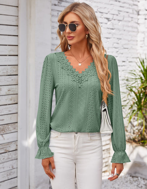 Load image into Gallery viewer, Applique V-Neck Flounce Sleeve T-Shirt
