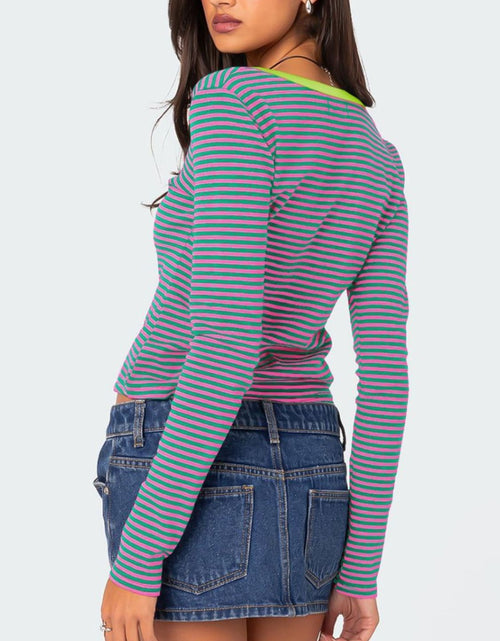 Load image into Gallery viewer, Buttoned Striped Long Sleeve T-Shirt
