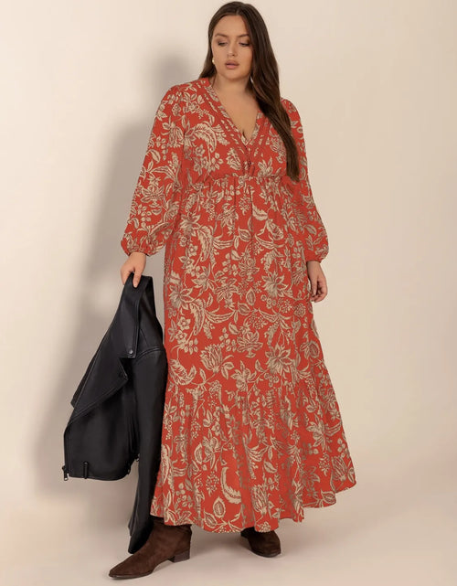 Load image into Gallery viewer, Plus Size Lace Detail Printed Balloon Sleeve Midi Dress
