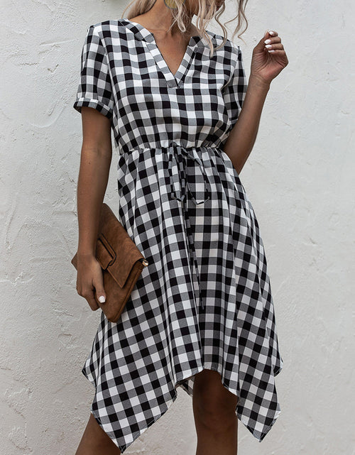 Load image into Gallery viewer, Plaid Notched Short Sleeve Dress
