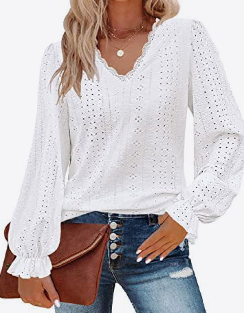 Load image into Gallery viewer, Eyelet V-Neck Flounce Sleeve Blouse
