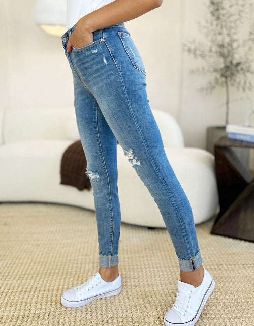 Load image into Gallery viewer, Judy Blue Full Size Mid Rise Destroy &amp; Cuff Skinny Jeans
