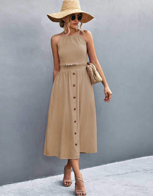 Load image into Gallery viewer, Buttoned Halter Neck Frill Trim Midi Dress

