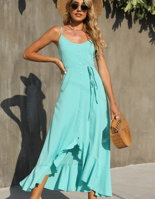 Load image into Gallery viewer, Shiny Decorative Button Spaghetti Strap Ruffle Hem Dress
